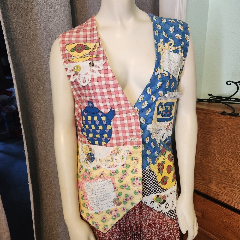 Hand Made Patchwork Granny Tea Party Quilted Vest Embellished Applique Cottage - Picture 2 of 15